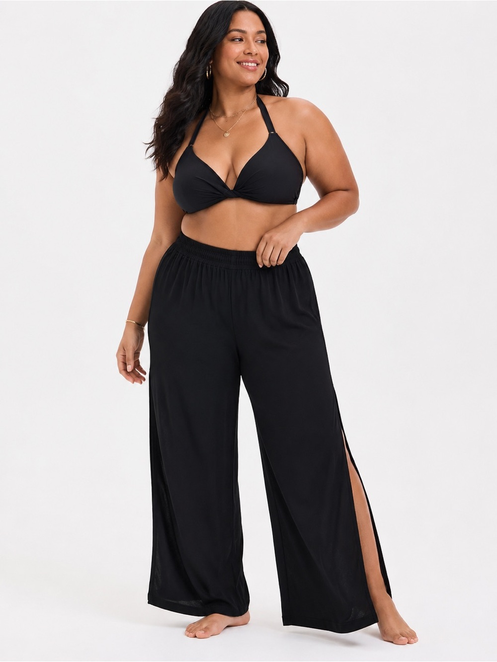 Torrid Size 0 L/12 NWT Black Crepe Side Slit Swim Cover Up Wide Leg Pants